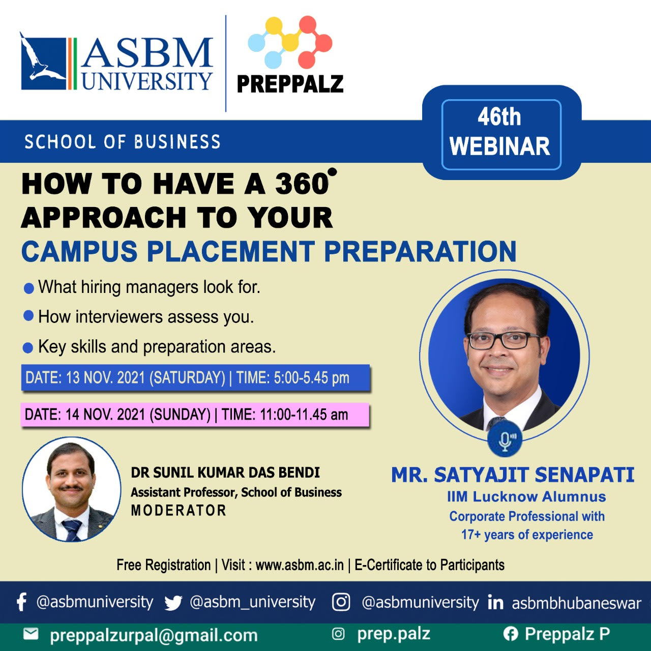 46th webinar Jointly organized by ASBM University and PREPPALZ on the topic  “How to have a 360 degree approach to your campus placement preparation”